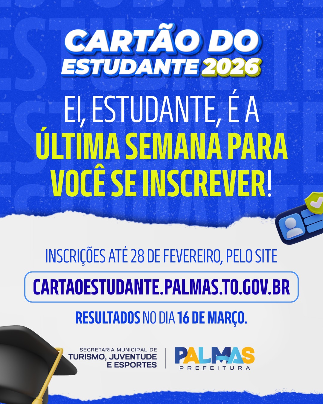 Prefeitura recebe inscrições para as 600 vagas do Cartão do Estudante 2026 até sábado, 28