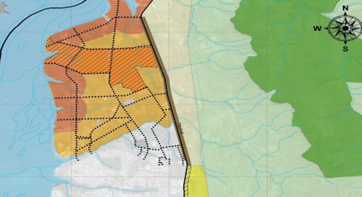 Cores laranja e amarela sinalizam área sobre a qual será discutido projeto de distrito turístico