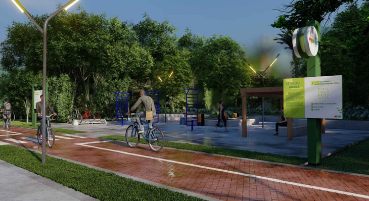 Projeção de como será a Estação Arara, com espaço de convivência e ponto de apoio a ciclistas e praticantes de caminhada ou corrida