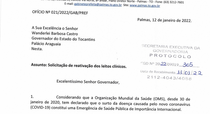 Ofício foi protocolado nesta quinta-feira, 13, no Palácio Araguaia