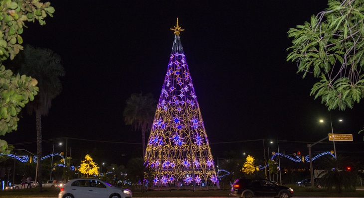A grande árvore de Natal, instalada no canteiro central da Avenida Teotônio Segurado, chama atenção dos visitantes
