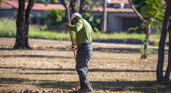 Rastelamento de folhas secas faz parte da rotina de manutenção quinzenal ou mensal das praças da Capital