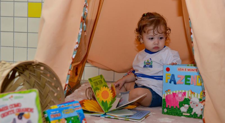 Cabana da leitura são disponibilizados livros, almofadas, brinquedos de pelúcias e carpete para que os pequenos tenham contato livre e direto com a literatura