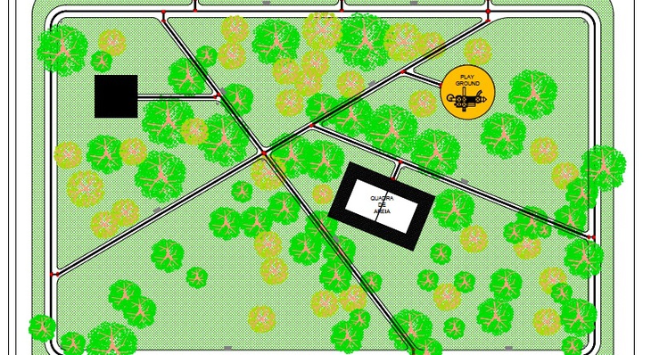 Ilustração da estrutura da praça da Arso 22, onde estão assinaladas a academia (à esq), a quadra de areia e o playground (à dir)