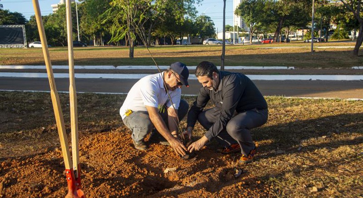 Giovanni Assis, presidente da Fundação Cultural de Palmas e Roberto Campos, coordenador do 'MudaClima', participam de plantio no Parque das Artes