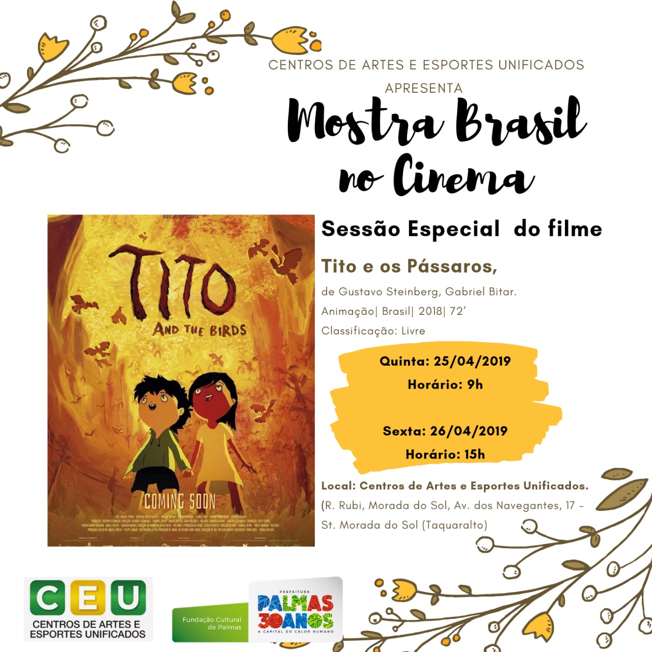 Cinema no CEU exibe Tito e os Pássaros dias 25 e 26