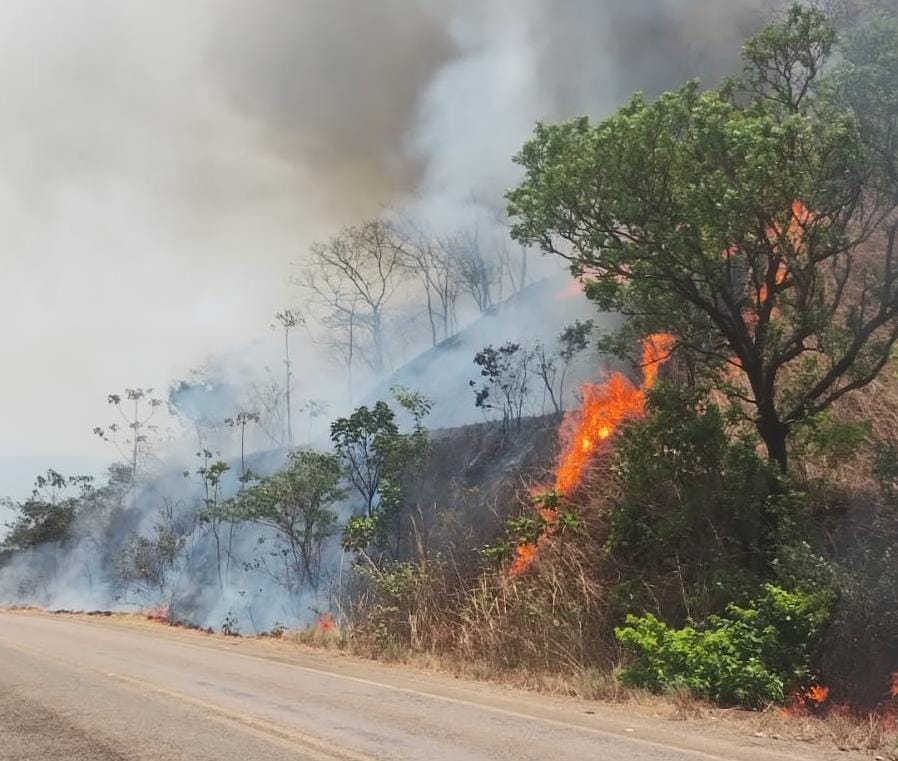 Equipes constataram incêndio intenso no topo de um morro que avançava para áreas mais baixas colocando propriedades em risco