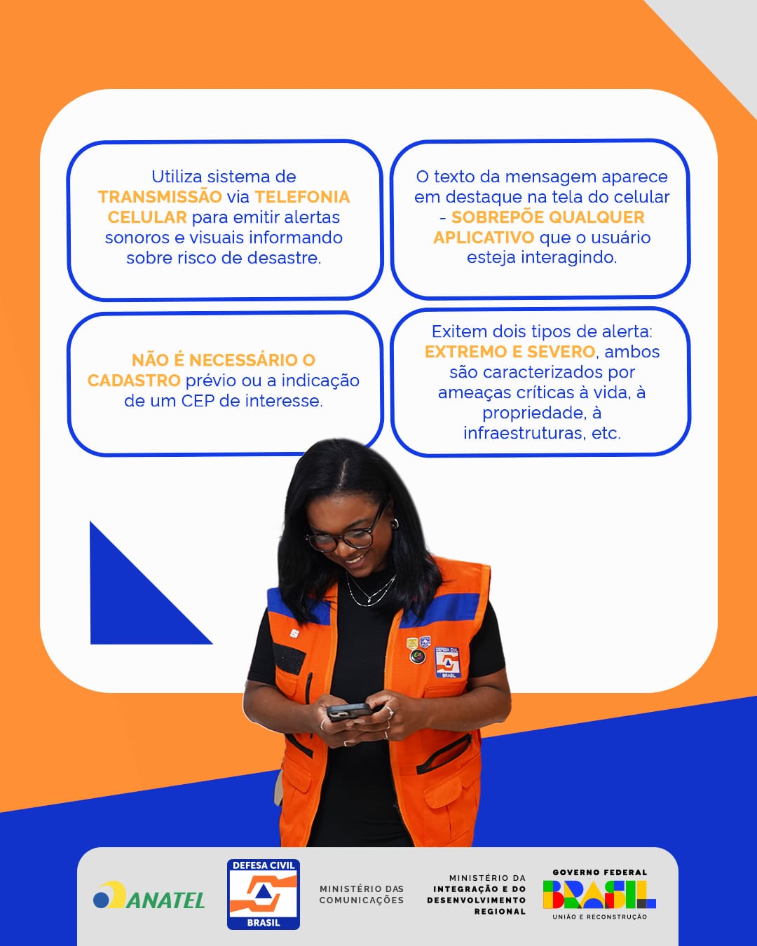 O sistema utiliza tecnologia Cell Broadcast, que permite enviar mensagens visuais e sonoras  diretamente aos aparelhos sem a necessidade  de aplicativo ou cadastro prévio. Foto: Governo Federal