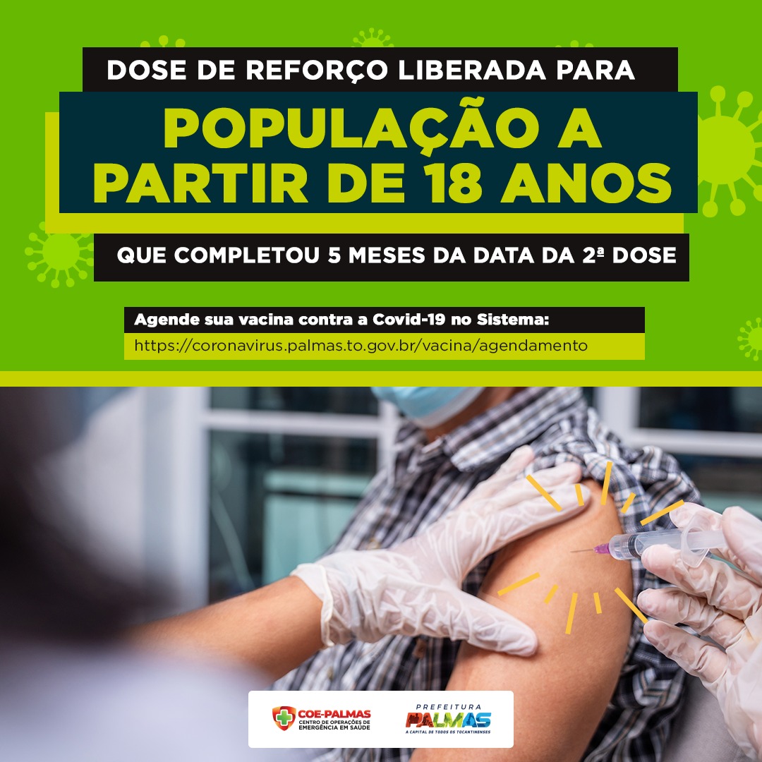 Prefeitura de Palmas libera dose de reforço para população acima de 18 anos