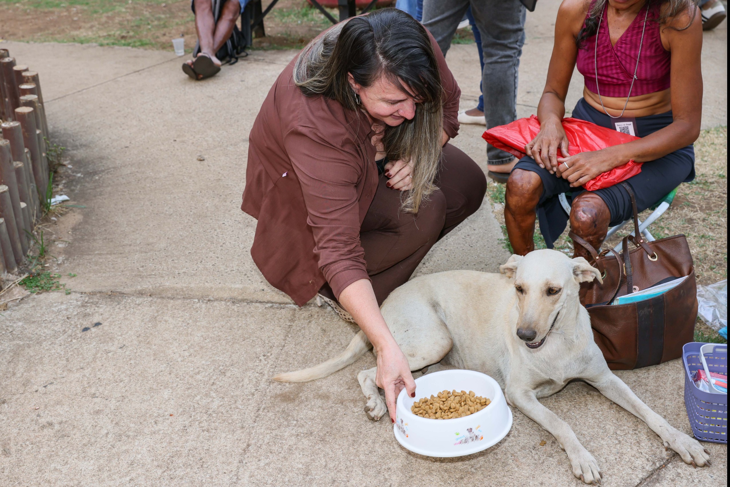 A gerente do Creas 1, Marta Meireles, alimentando um pet de uma senhora em situação de rua