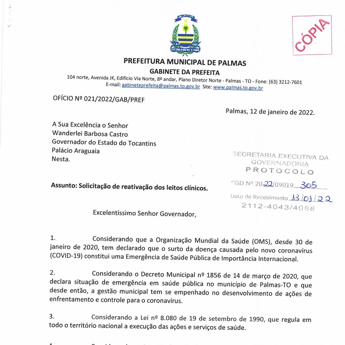 Em ofício ao governador, prefeita pede reativação de leitos Covid-19 em Palmas