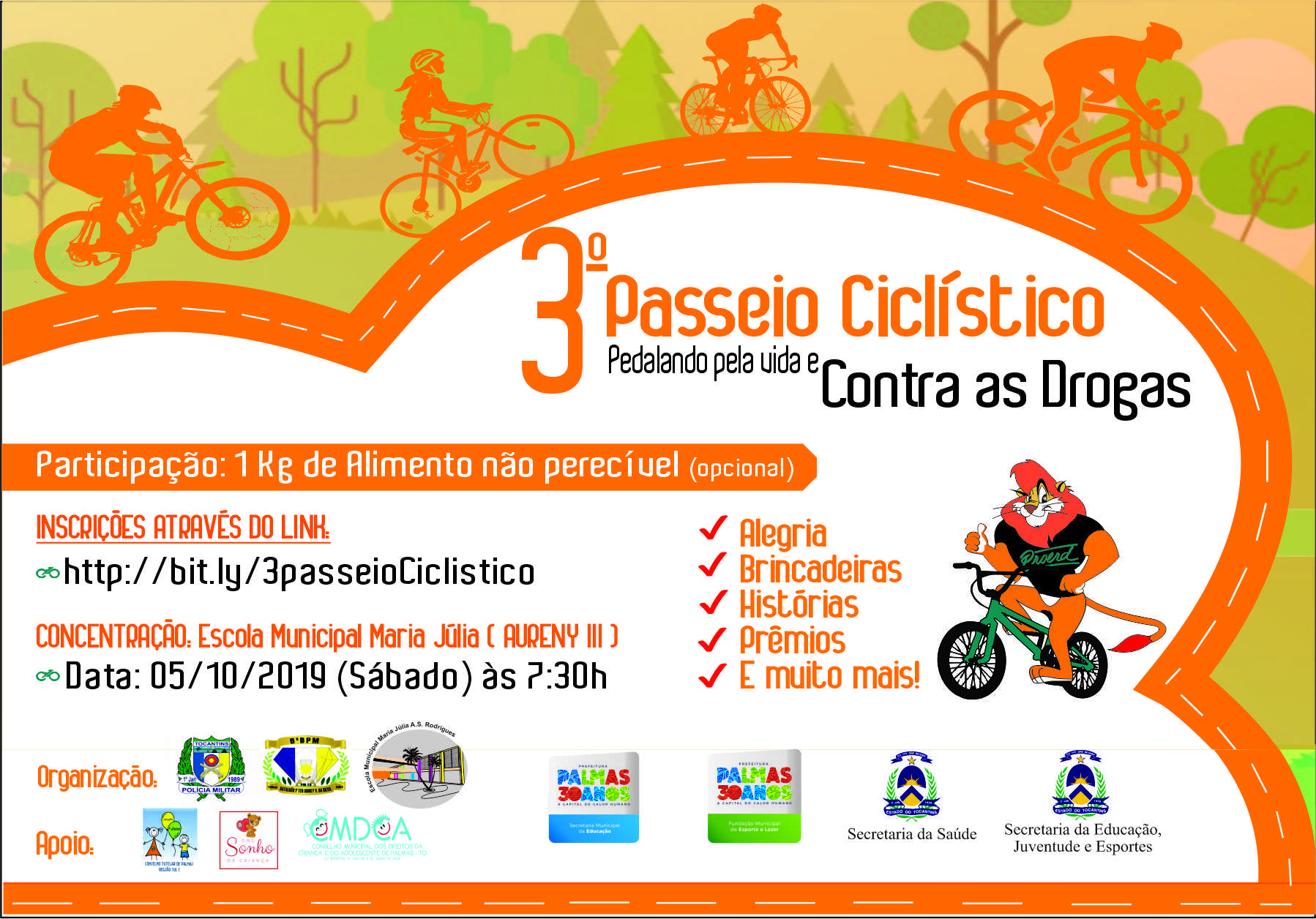 Comunidade da Escola Municipal Maria Júlia participa do 3º Passeio Ciclístico em alerta sobre a vida e resistência às drogas