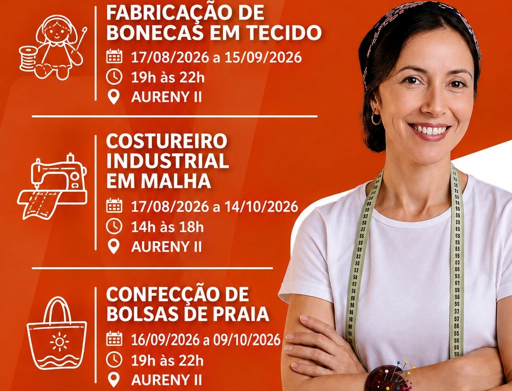 Cursos gratuitos de costura industrial, fabricação de bonecas e de bolsas de praia seguem com vagas disponíveis