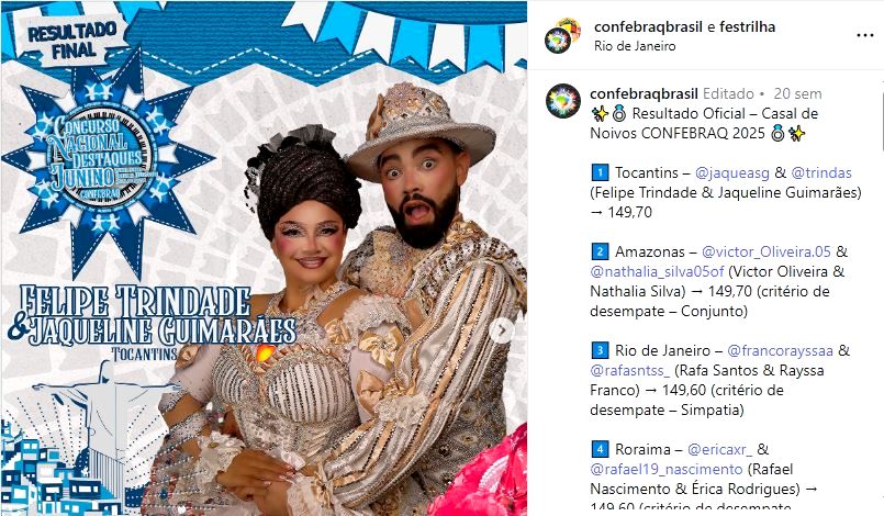 Atual campeão nacional da Confebraq, o casal de noivos Jaqueline Guimarães e Felipe Trindade participará da abertura da exposição - Imagem: Rede Social Confebraq/Festrilha