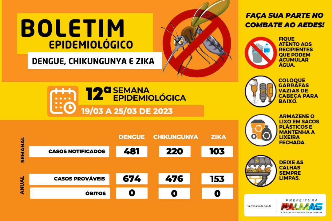 Palmas tem 481 notificações para dengue em última semana epidemiológica