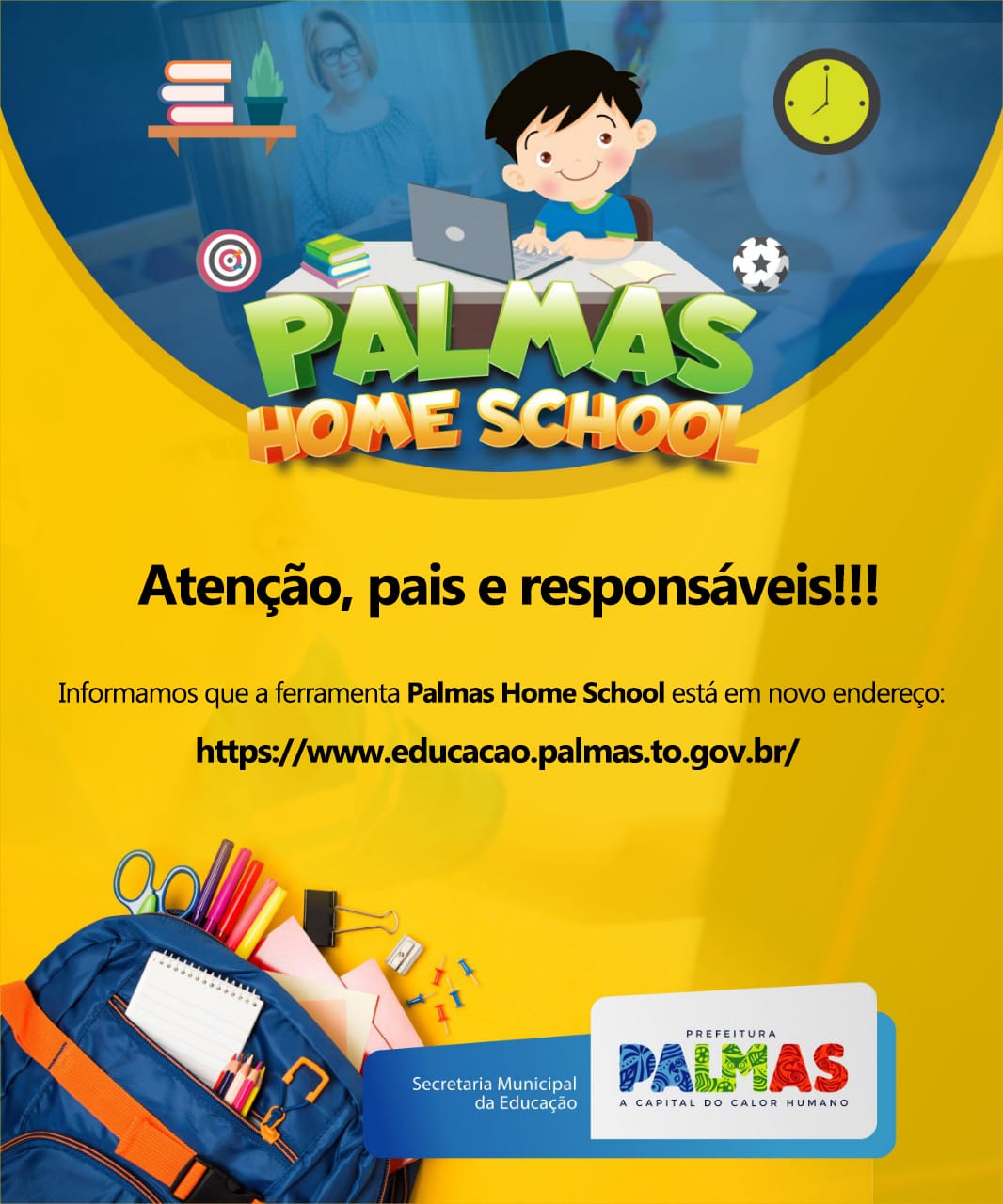 Prefeitura divulga novo endereço de acesso da ferramenta Palmas Home School